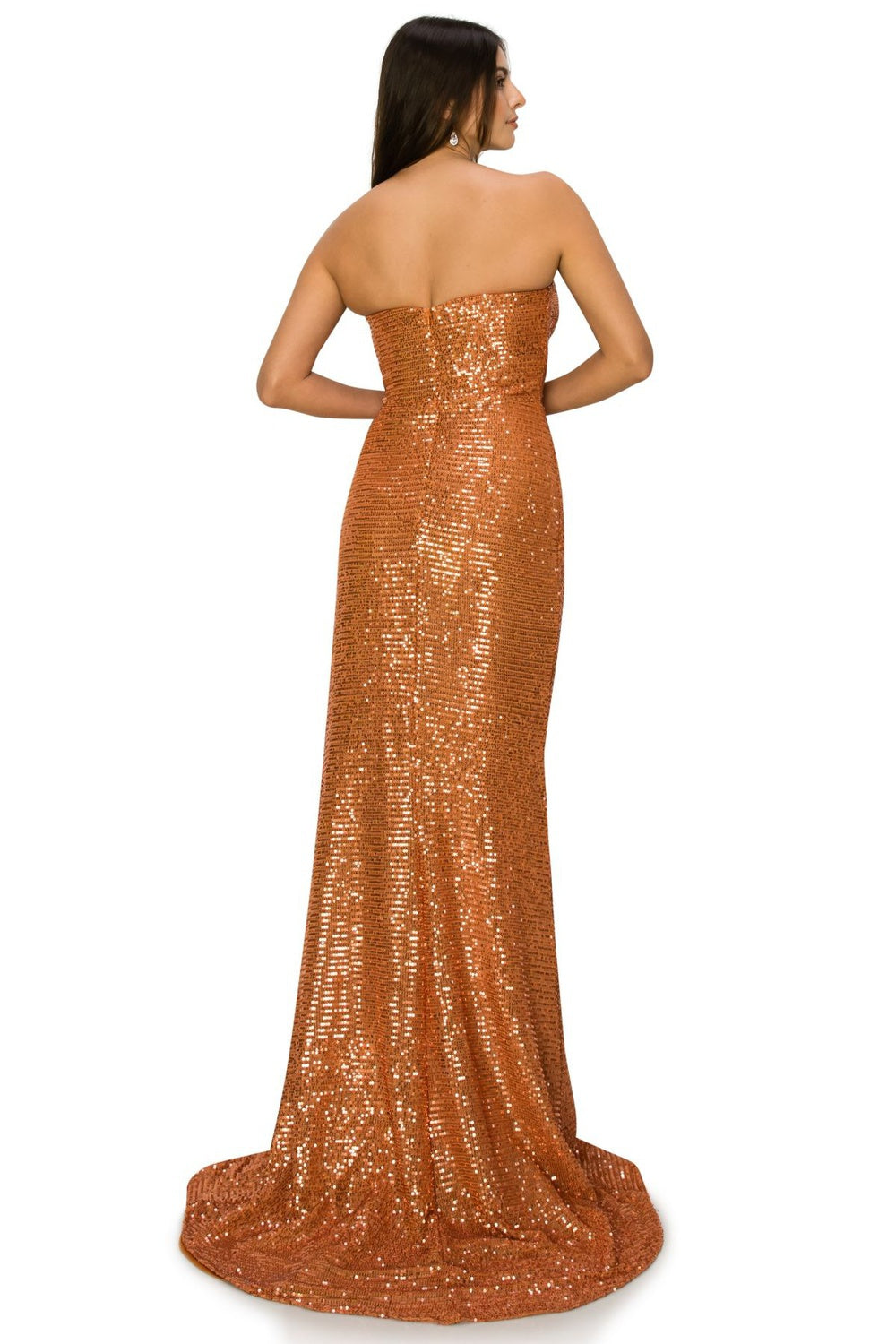 Fitted strapless ruched sequin gown.-smcdress