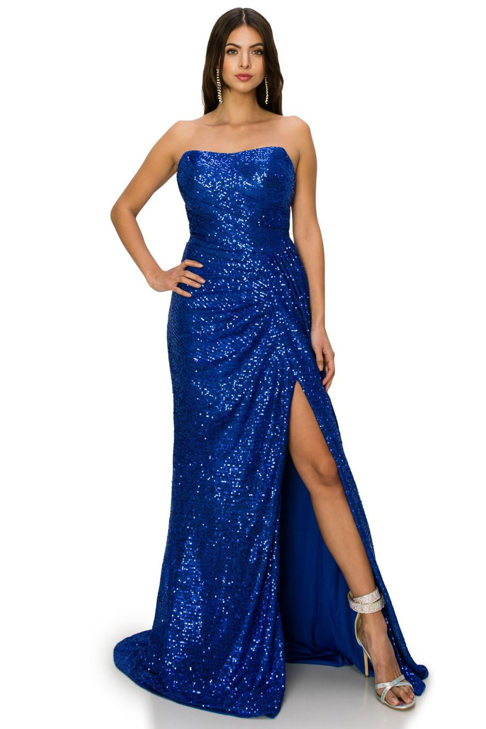 Fitted strapless ruched sequin gown.-smcdress