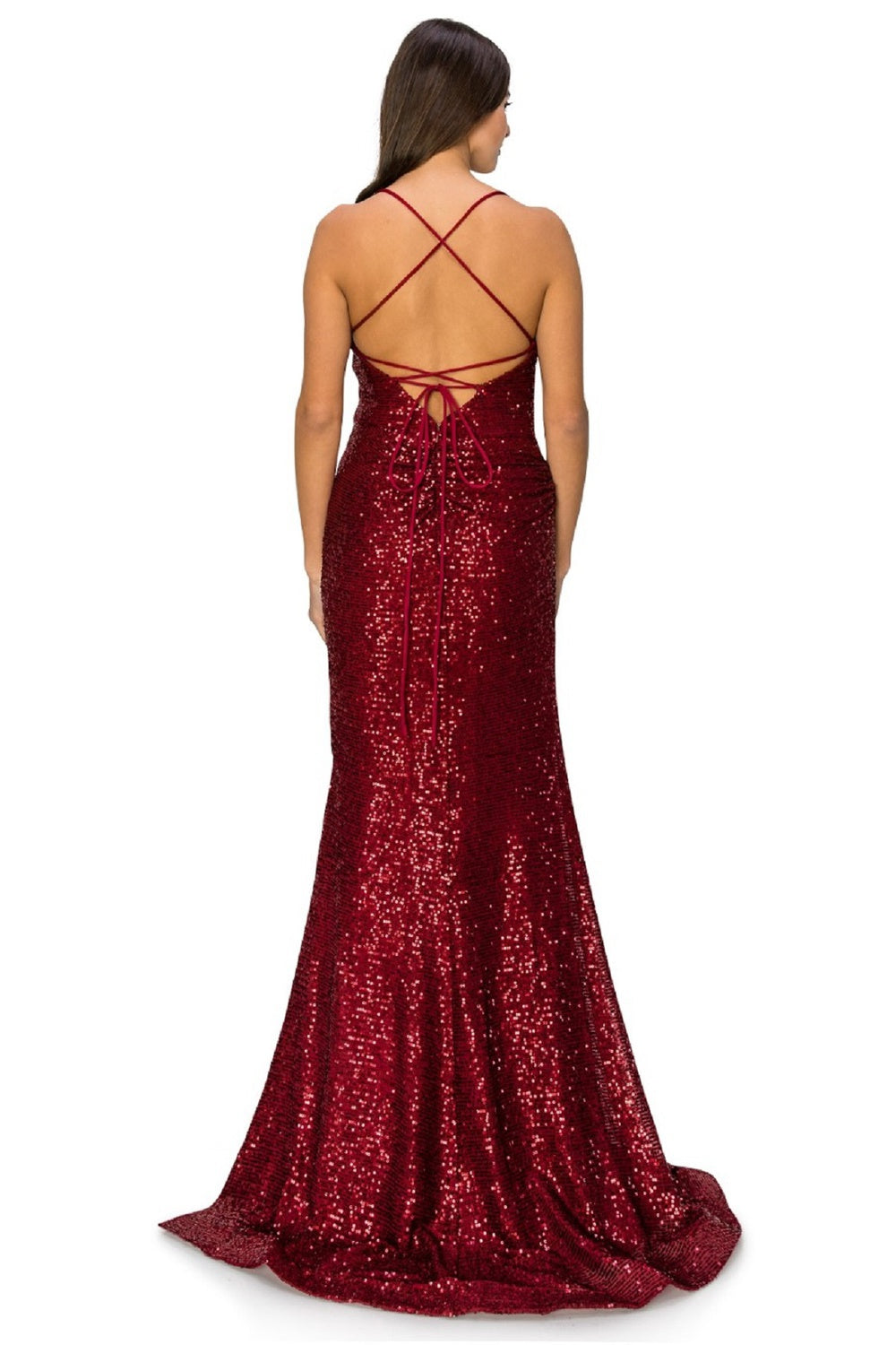 Back of burgundy sheath sequin evening dress