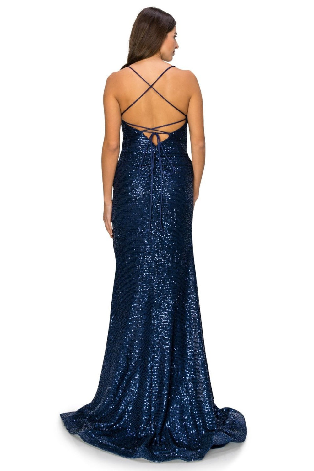 Back of royal blue sheath sequin evening dress