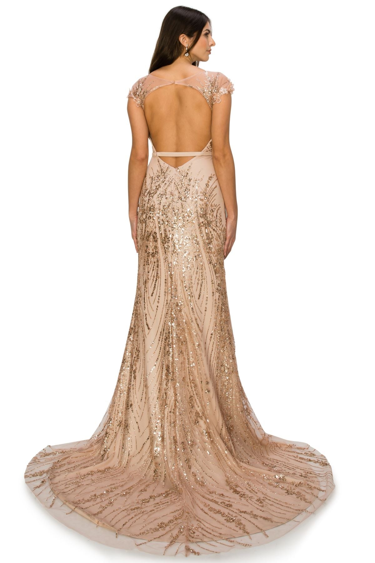 back of rosegold long sequin dress