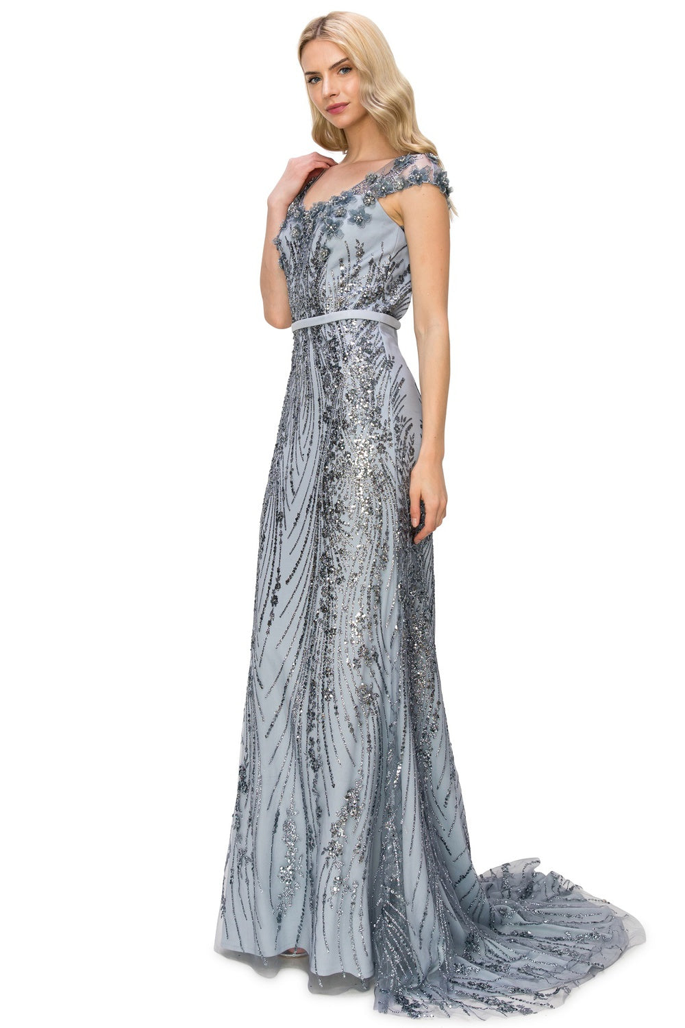 Smoky blue long sequin dress