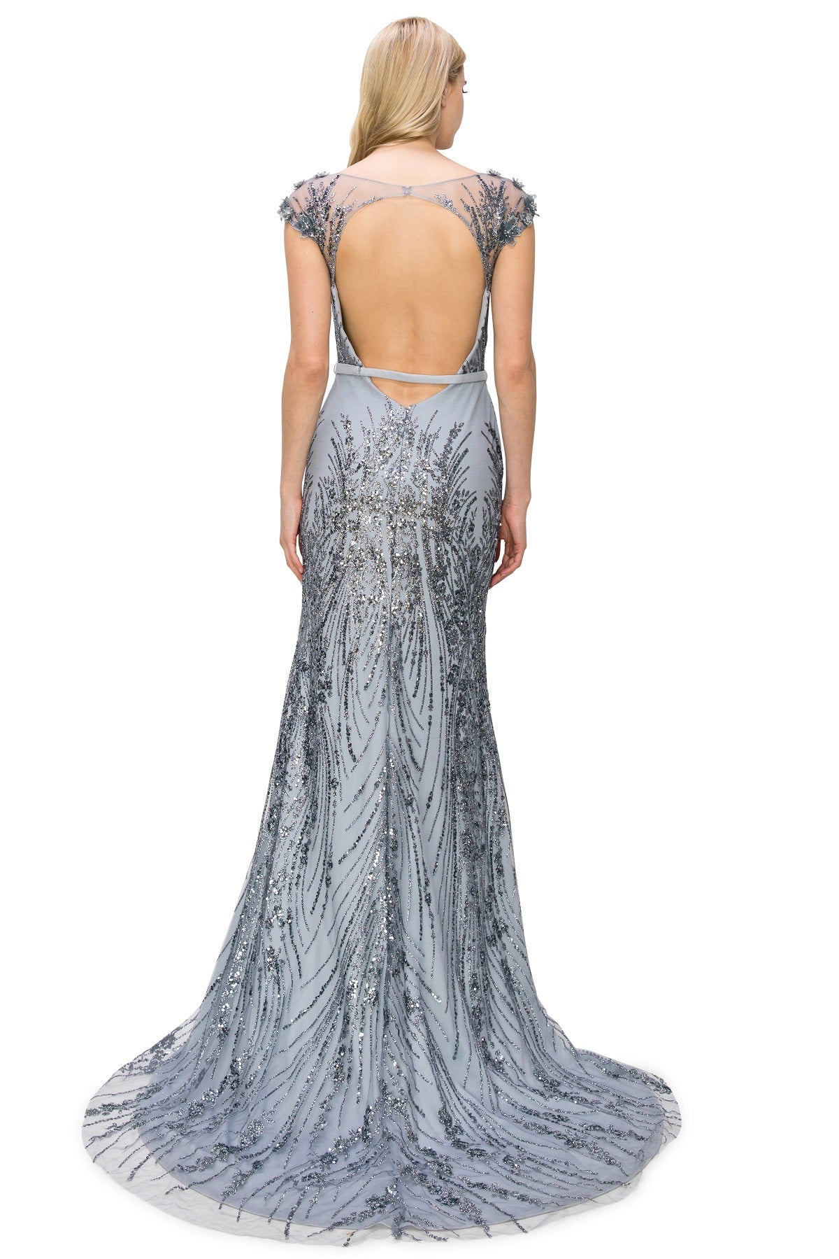Back of the smoky blue long sequin dress