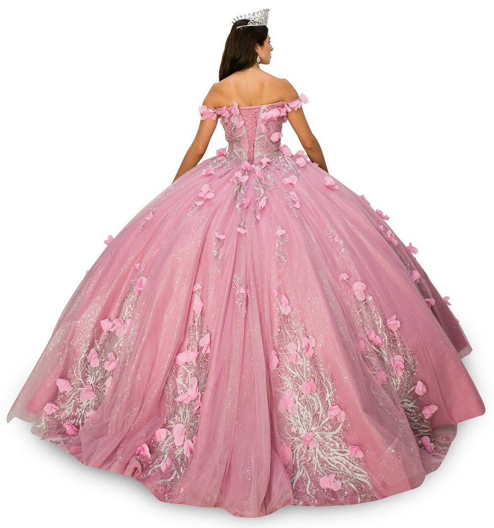 Off shoulder silver embroidered stones with 3D floral applique gown-smcdress