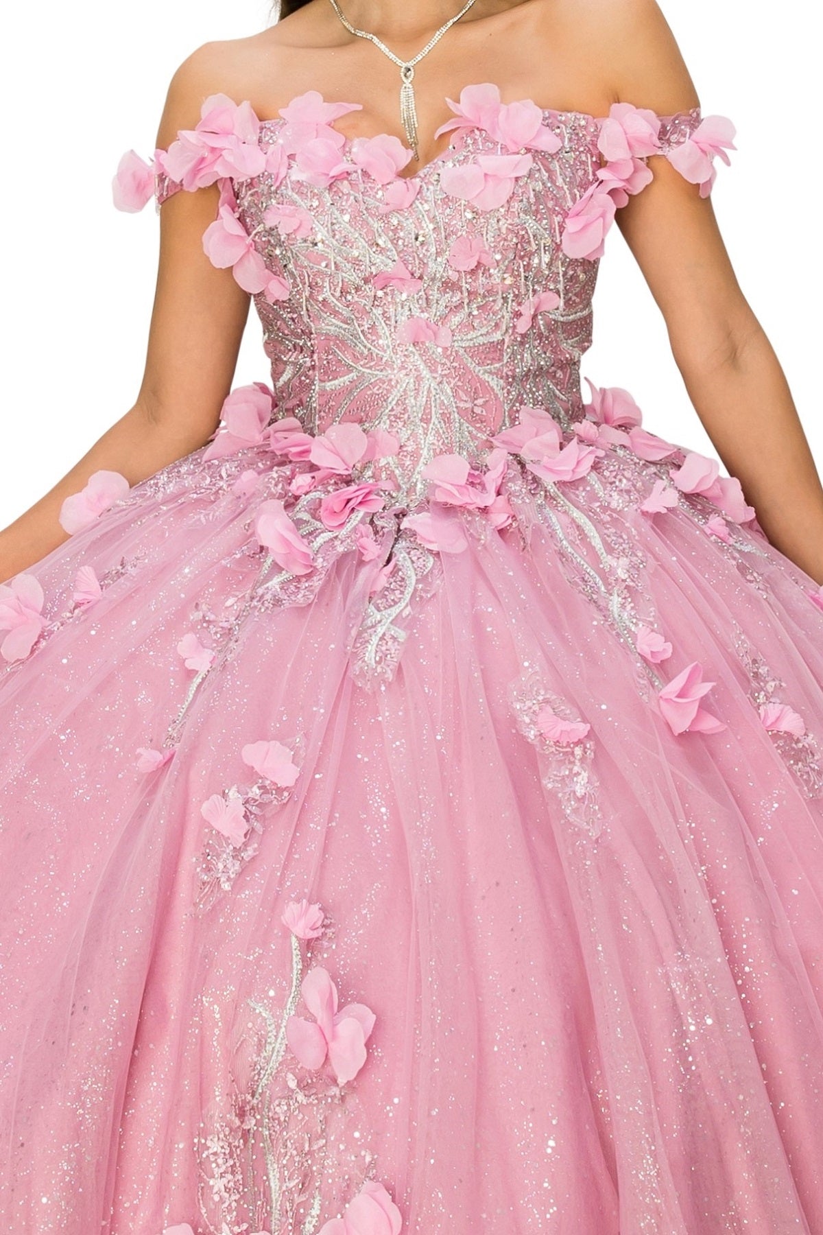 Off shoulder silver embroidered stones with 3D floral applique gown-smcdress