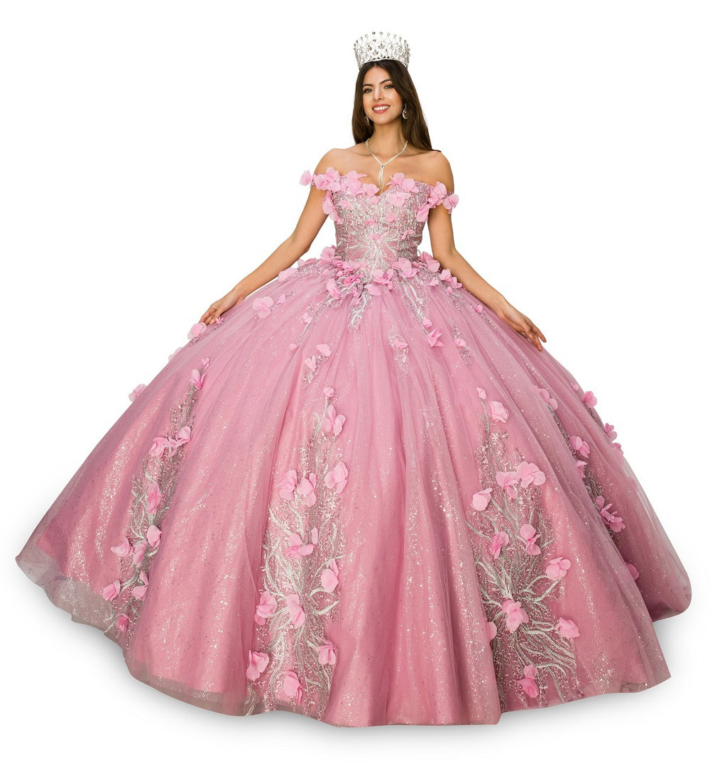 Off shoulder silver embroidered stones with 3D floral applique gown-smcdress