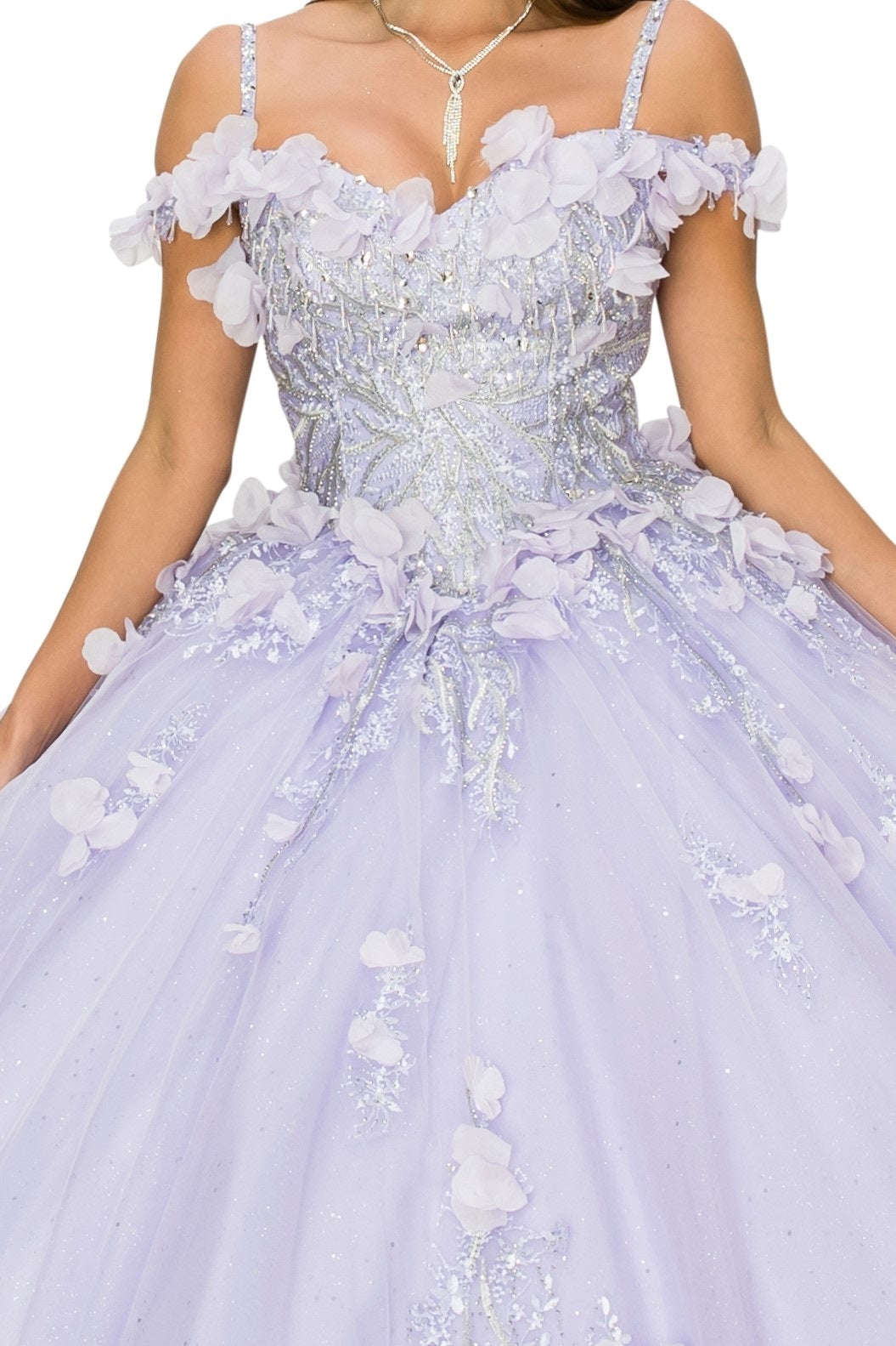 A closer lokk at the lilec floral applique ball gown