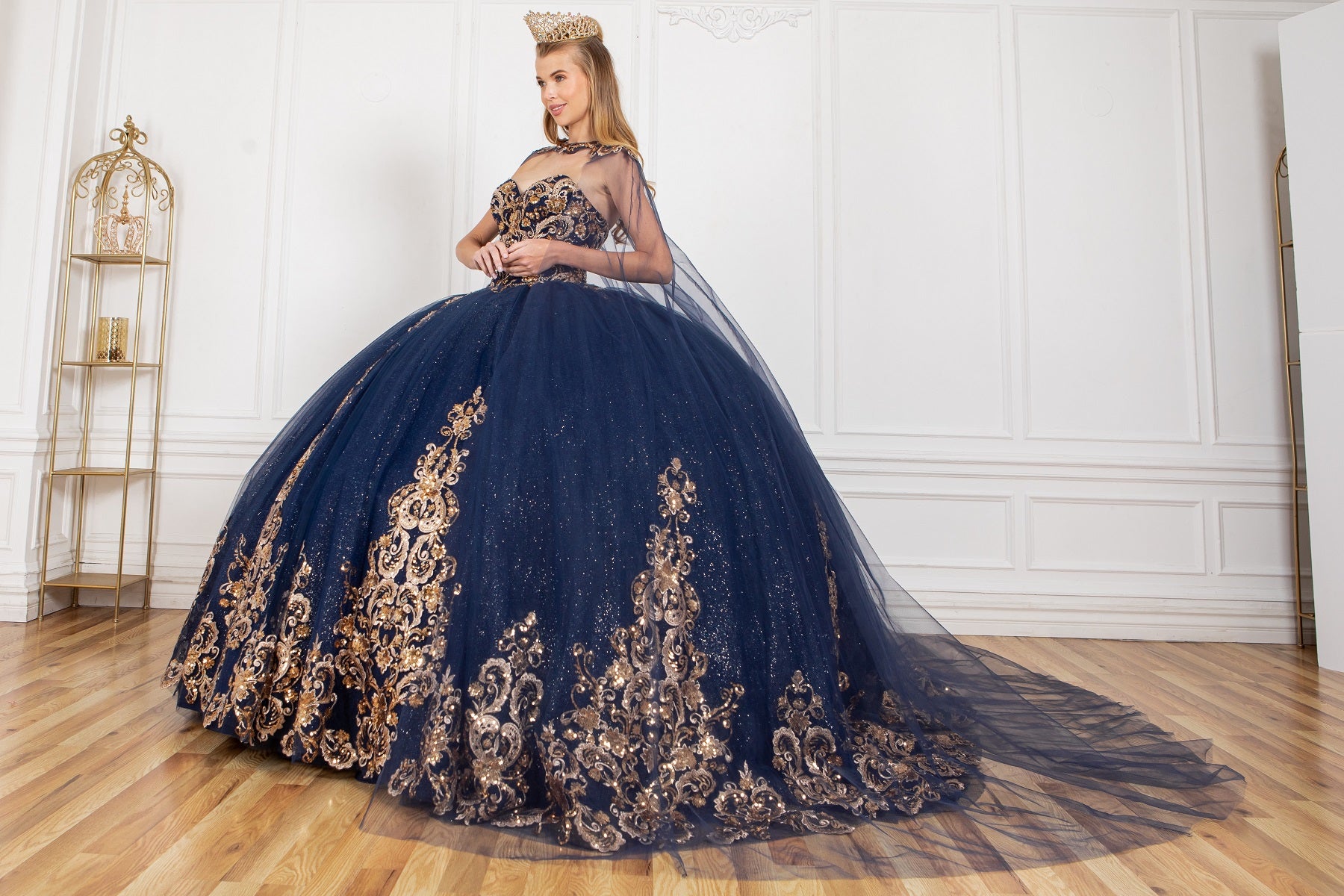 Formal gown with gold applique alternative