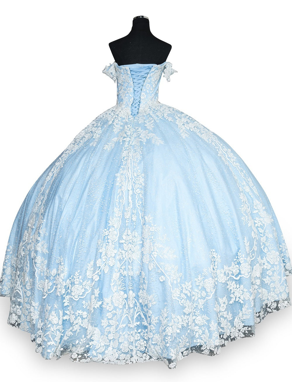 Back of blue princess ball gown wedding dress