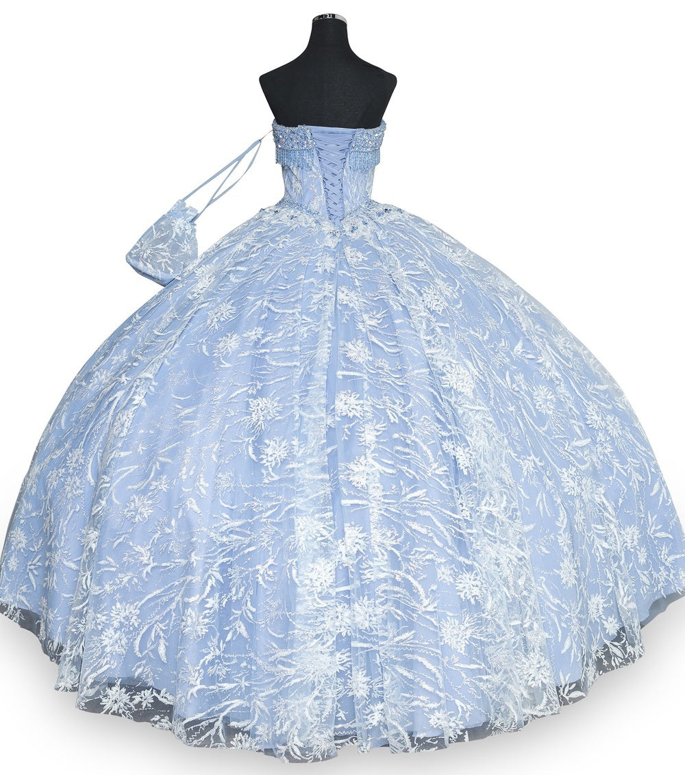 Back of dusty blue strapless wedding ball gown