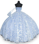 Back of dusty blue strapless wedding ball gown