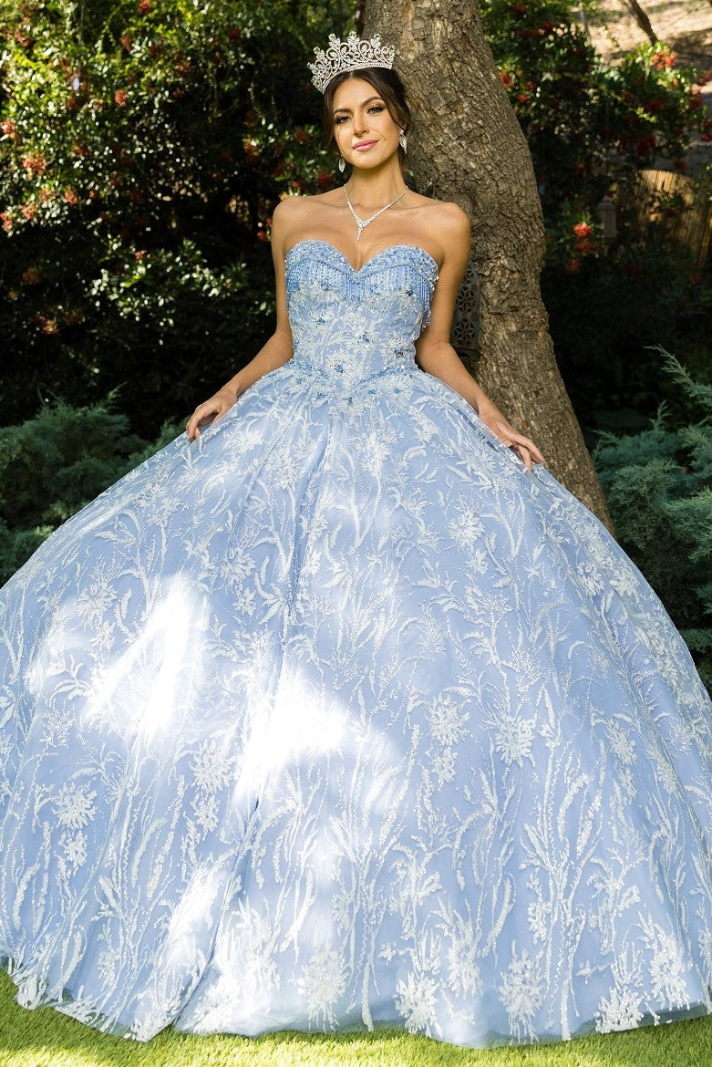 Dusty blue strapless wedding ball gown