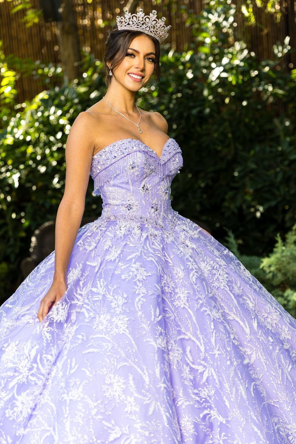 A closer look at lilac strapless wedding ball gown