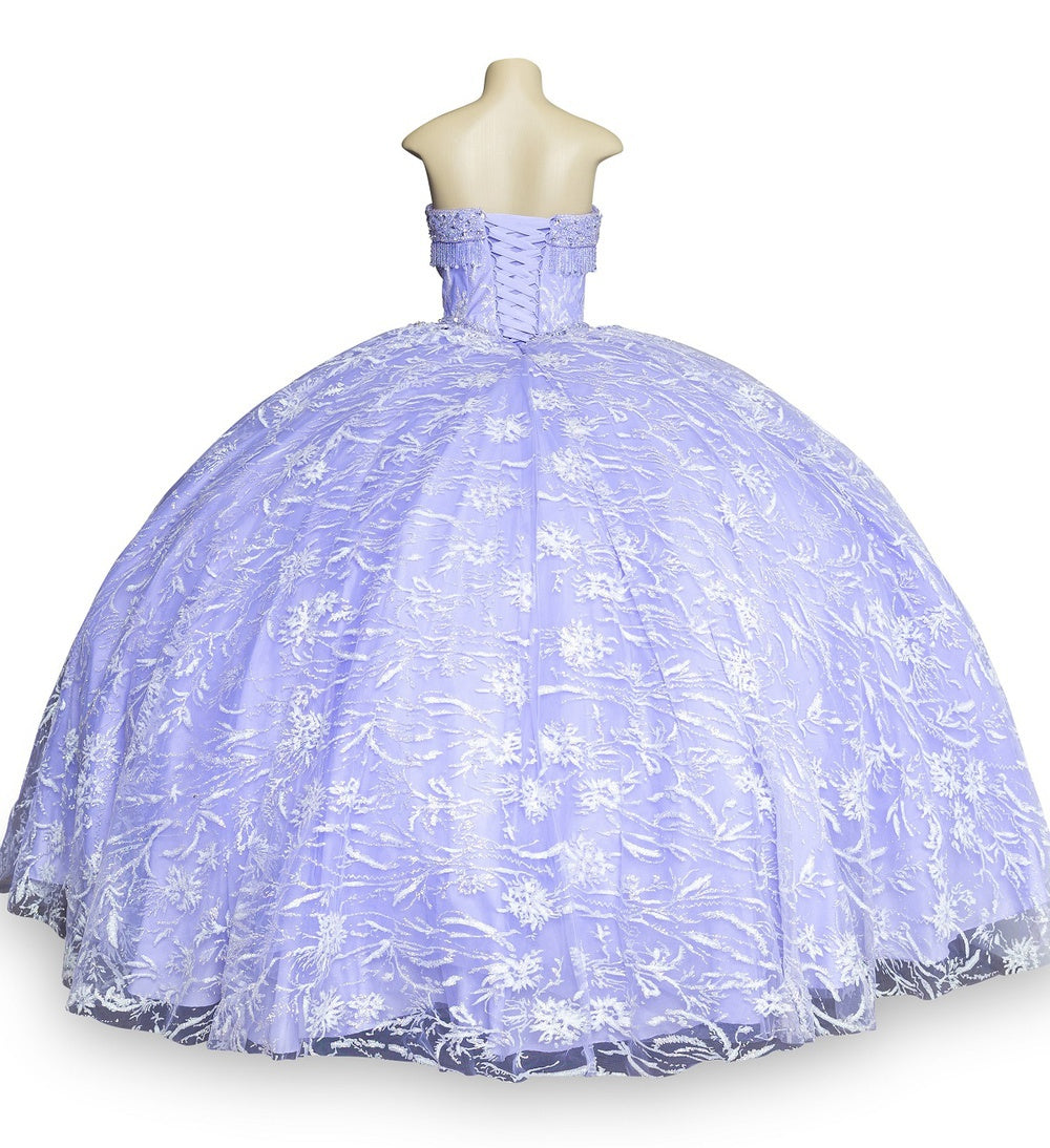 Back of lilac strapless wedding ball gown