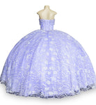 Back of lilac strapless wedding ball gown