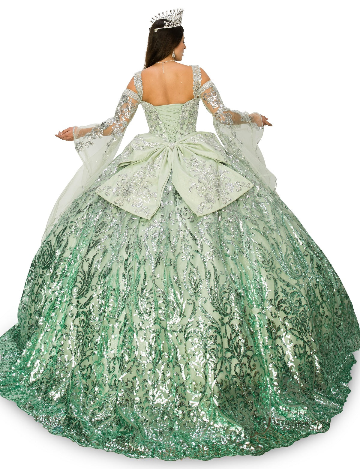 Back of the sage quinceanera dress with sleeves