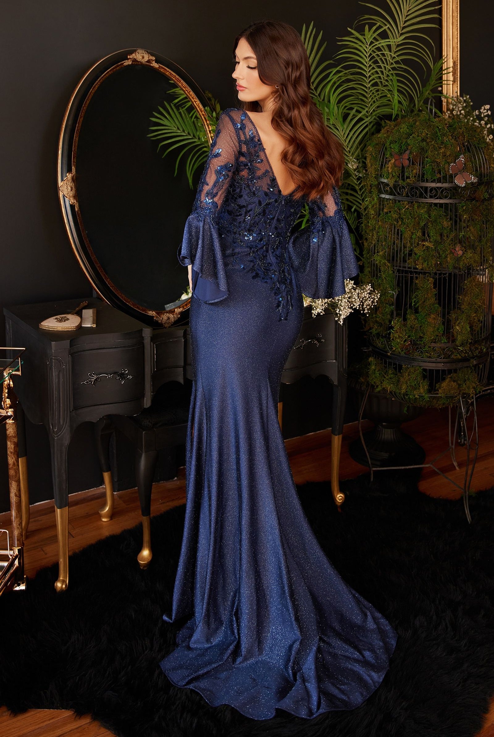 Lace & Satin Gown w/ Bell Sleeves-smcdress