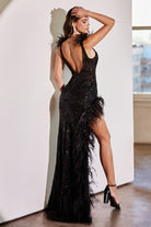 EMBELLISHED FITTED GOWN WITH FEATHER DETAILS CD9312-smcdress