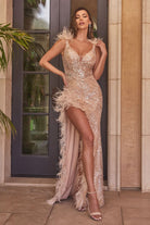 EMBELLISHED FITTED GOWN WITH FEATHER DETAILS CD9312-smcdress