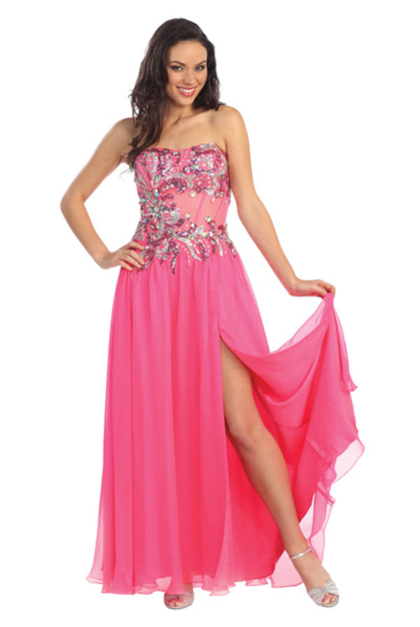Jewel and Sequin Embellished Strapless Chiffon Long Dress-smcdress