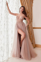 Ophelia Gown w/Sequin Floral Motif, Strap Bodice & Deep V-neck A-Line Skirt-smcdress