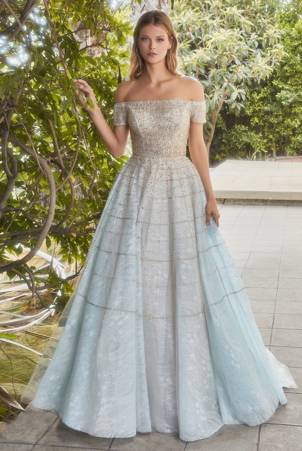 Off the Shoulder Prom Gown with Sequin Bodice, Beads, & Luxurious Embellishments-smcdress