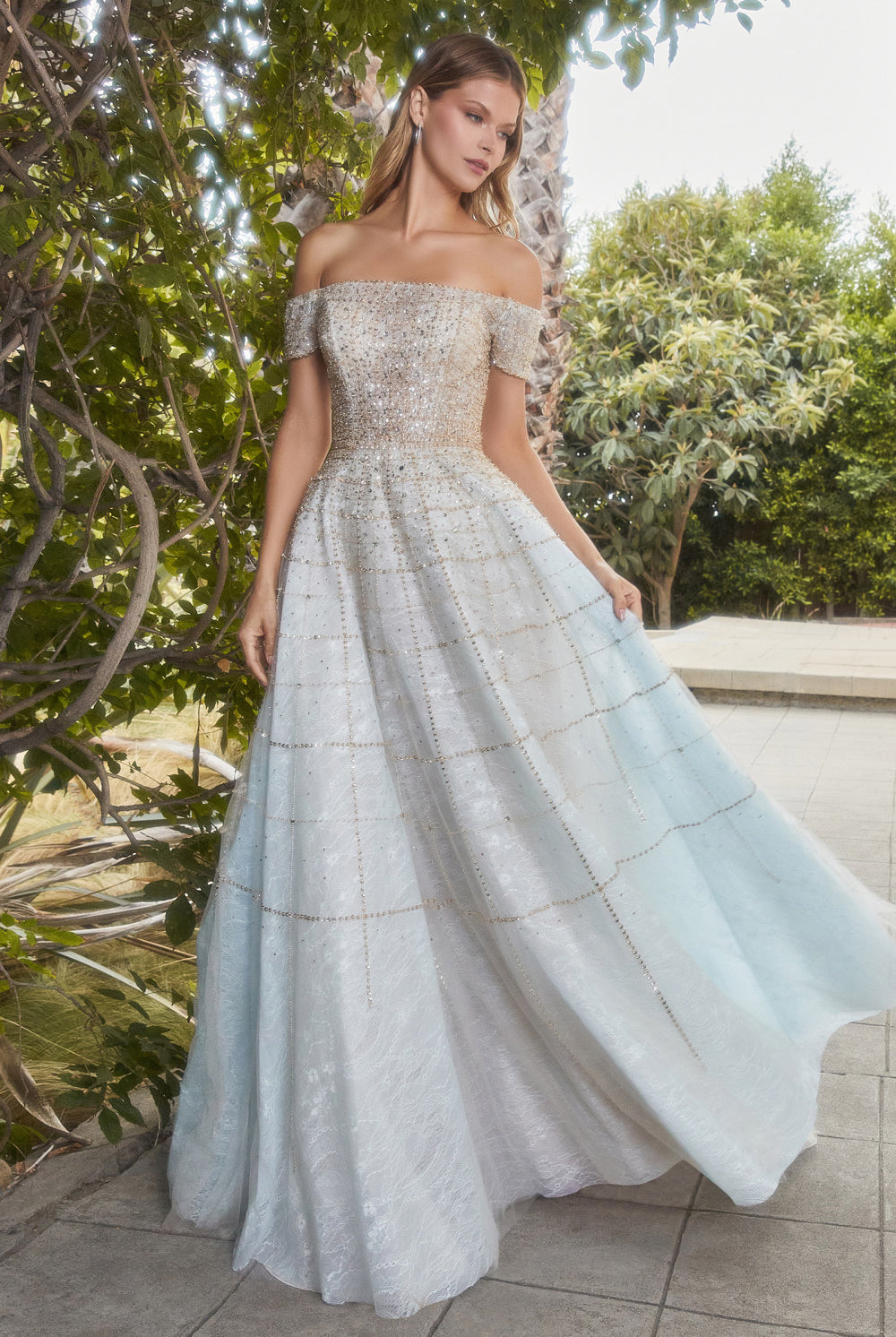 Off the Shoulder Prom Gown with Sequin Bodice, Beads, & Luxurious Embellishments-smcdress