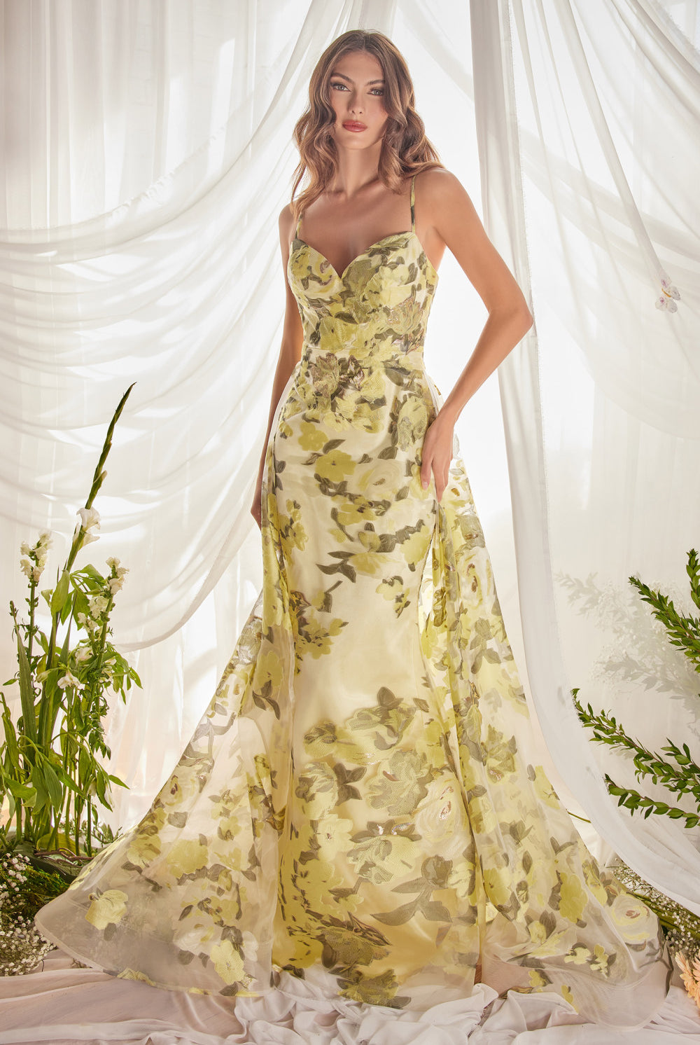Lemon Flowers A-Line Prom Dress w/ Tulle Overskirt & Sweetheart Bodice-smcdress