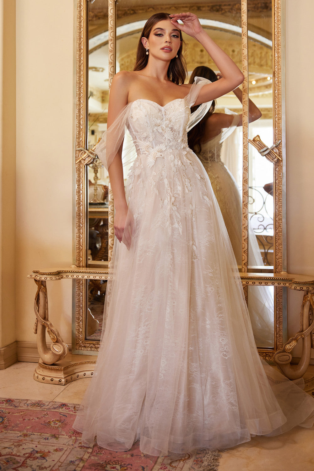 Off-shoulder A-line dress w/ floral appliqués for modern boho wedding-smcdress