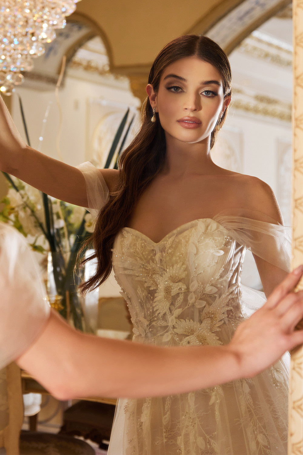 Off-shoulder A-line dress w/ floral appliqués for modern boho wedding-smcdress