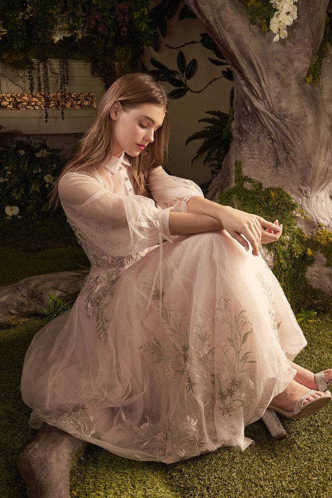 Sheer Neckline Dress w/Flower Appliqué, Puff Sleeves & Embroidery-smcdress