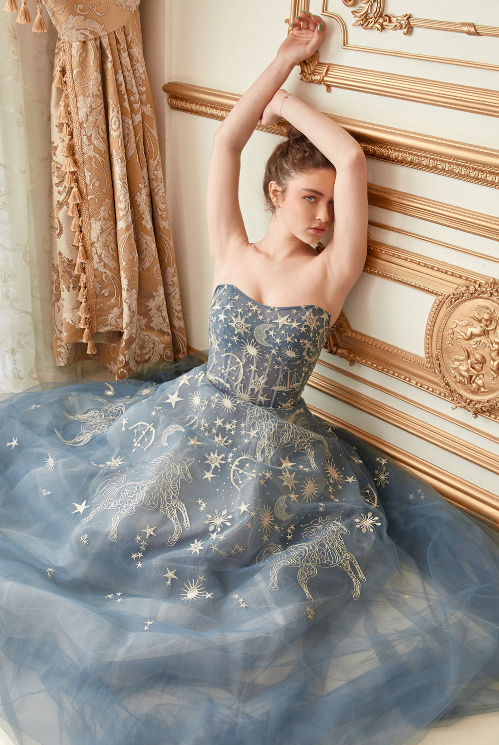 Selene Tulle Prom & Ball gown, Celestial Appliqué Bodice A-line, Vintage Luxury Dress-smcdress