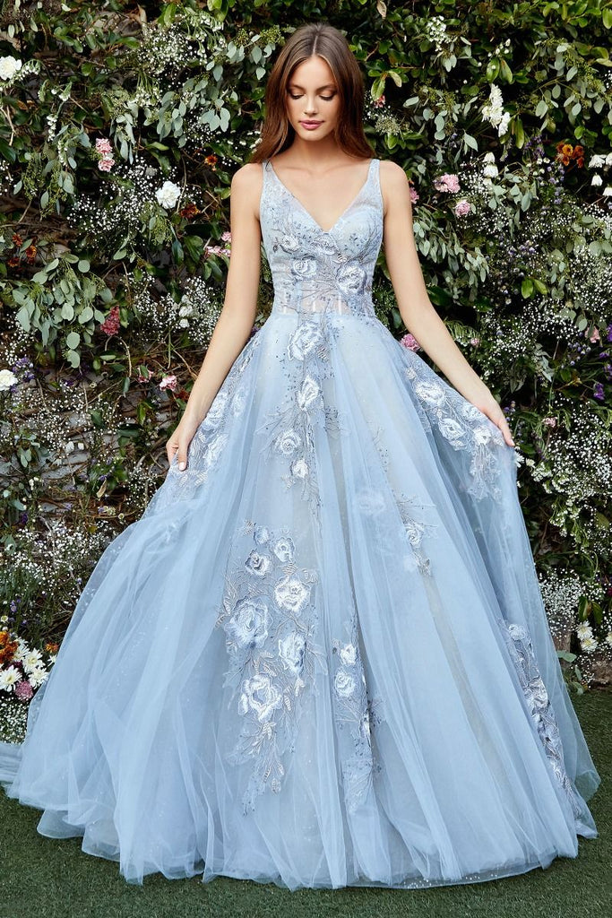 Paris blue floral tulle prom dress