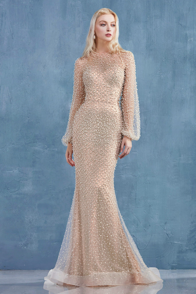 Iris Gown: Pearl Mermiad Dress, Luxury Style, Closed Shoulders, Long Sleeves, Flattering Fit-smcdress