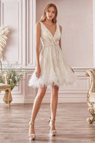 Wren Short Dress: Off White, Embroidered Bodice, Feather Detailed Hem-smcdress