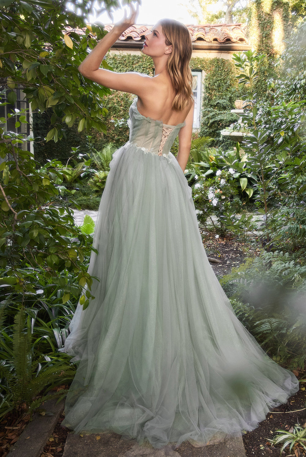 Sage Strapless Fitted Ball & Prom Gown with Floral Embroidery, Vintage & Romantic-smcdress