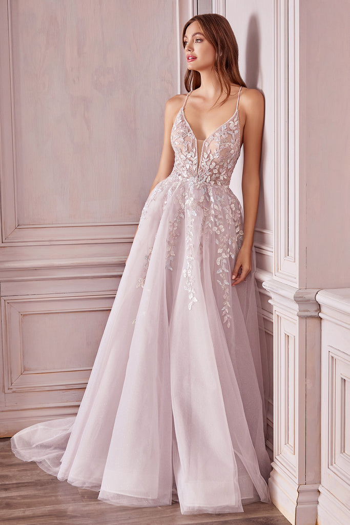 A-line Mary Floral Gown w/V-neck & Criss Cross Back Bodice in Luxury Tulle-smcdress