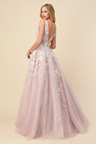 Gala Dresses: Gardenia Blue/Mauve Floral, V-Neck, Pointy Back, A-Line, Tender Bridesmaid-smcdress