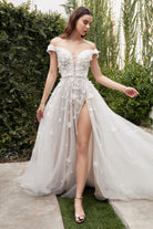 Hanna Blossom lux. princess gown: off-shoulder, fitted bodice, V-neck & leg slit-smcdress