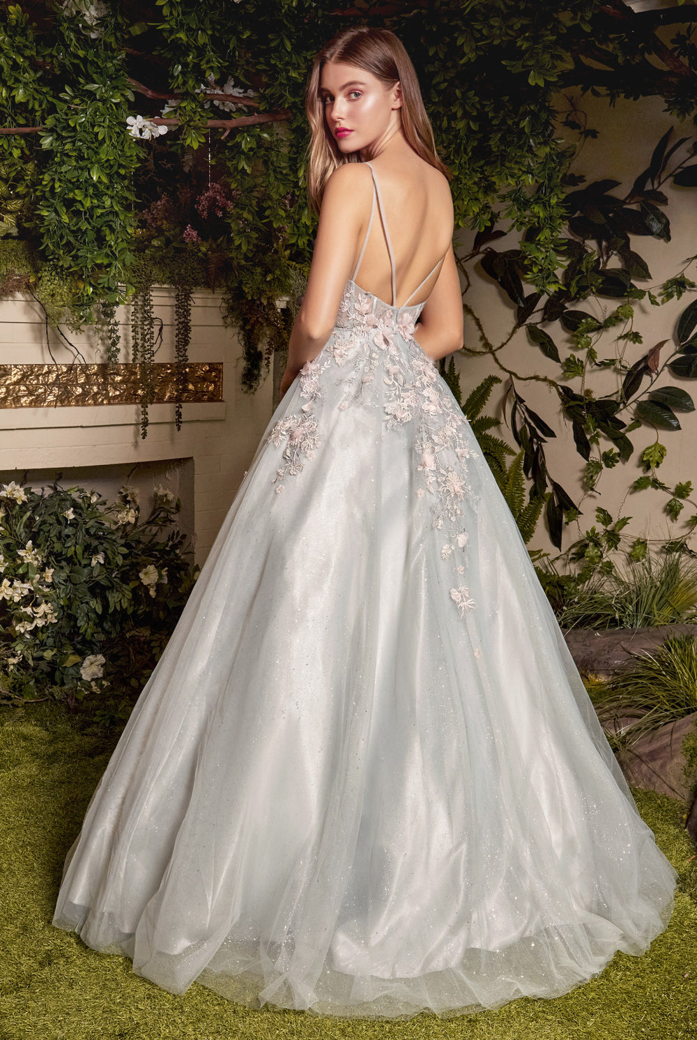 Tiana Blossom Gown: Floral Bodice, Backless, Structured Corset, A-line Layered Skirt-smcdress