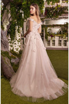 Hannah's luxe applique gown with off-shoulder bodice, V-neck, and leg slit-smcdress