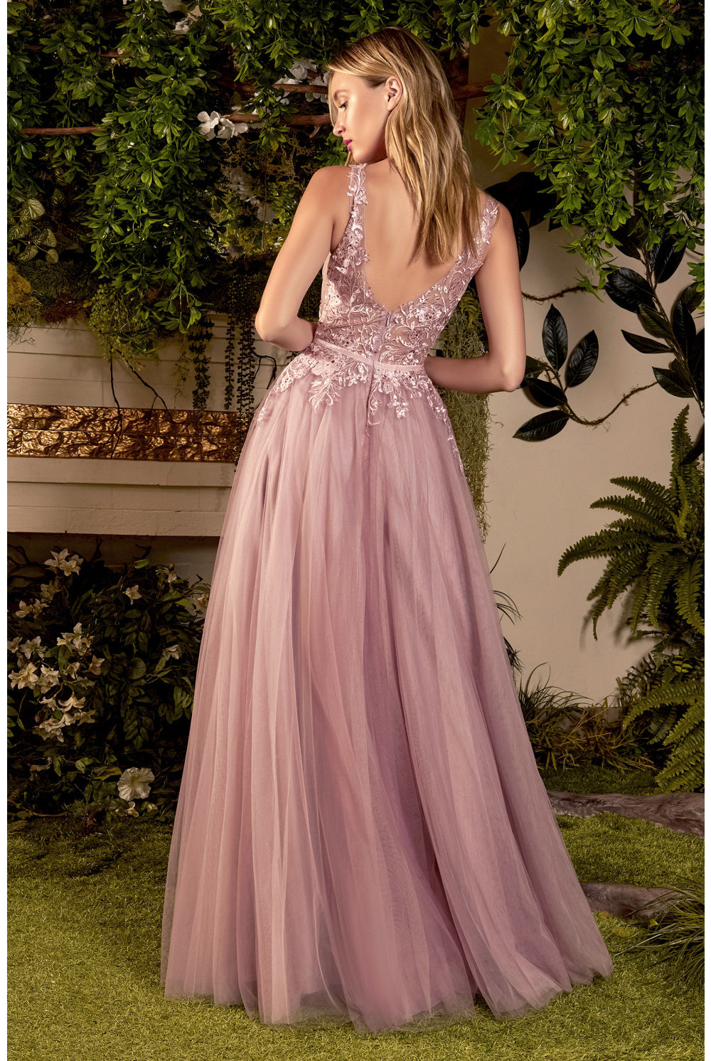 Sade Prom Gown: V-neck, Pointy Back, Floral Bodice, A-line, Boho Curve-smcdress