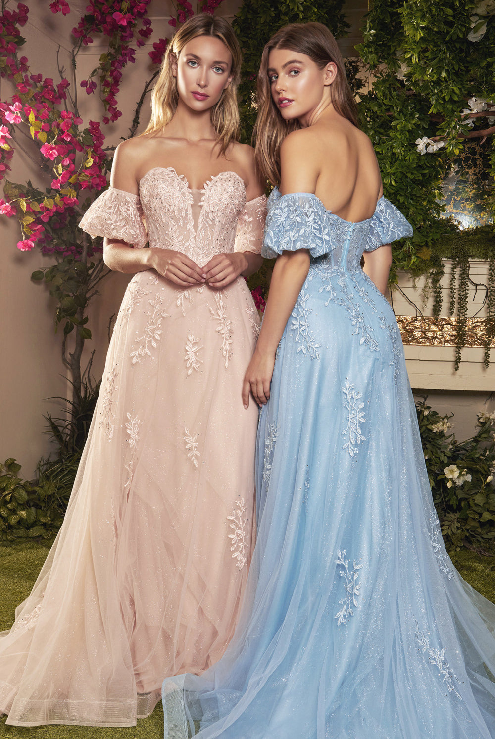 Embroidered V-neck, puff sleeves, A-line floral skirt gown for prom, bridesmaids-smcdress