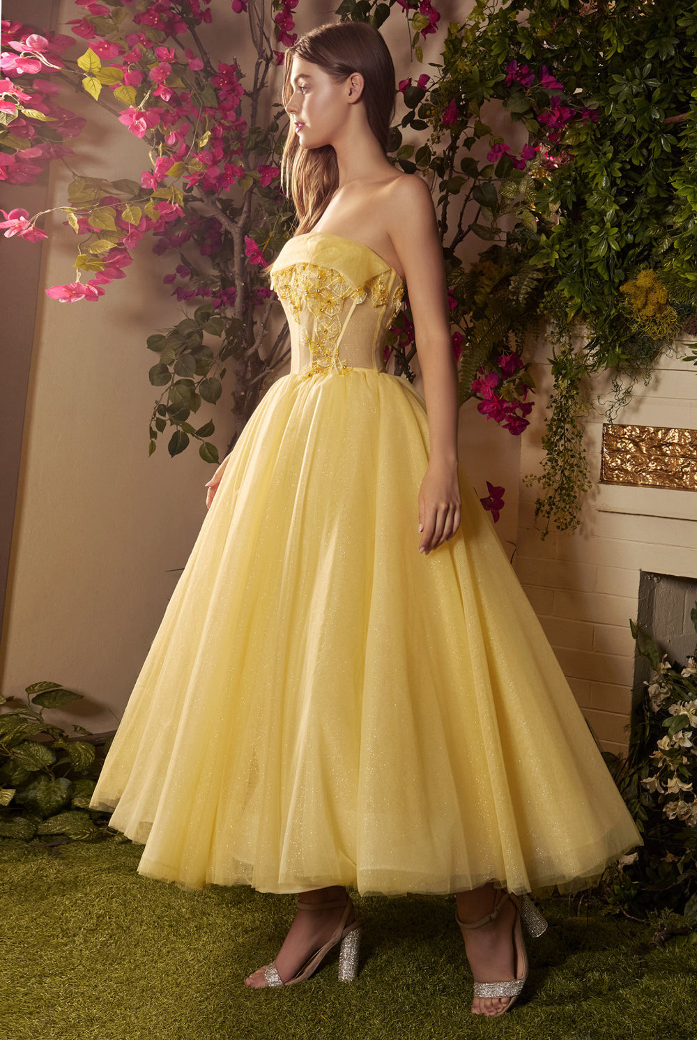 Sunny Yellow Floral Gown with Corseted Princess Style and Embroidery-smcdress