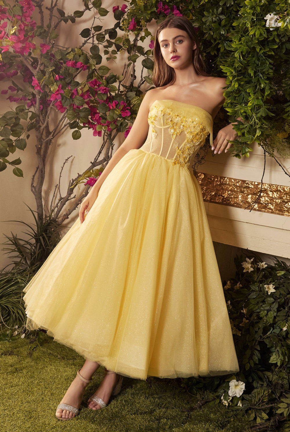 Sunny Yellow Floral Gown with Corseted Princess Style and Embroidery-smcdress