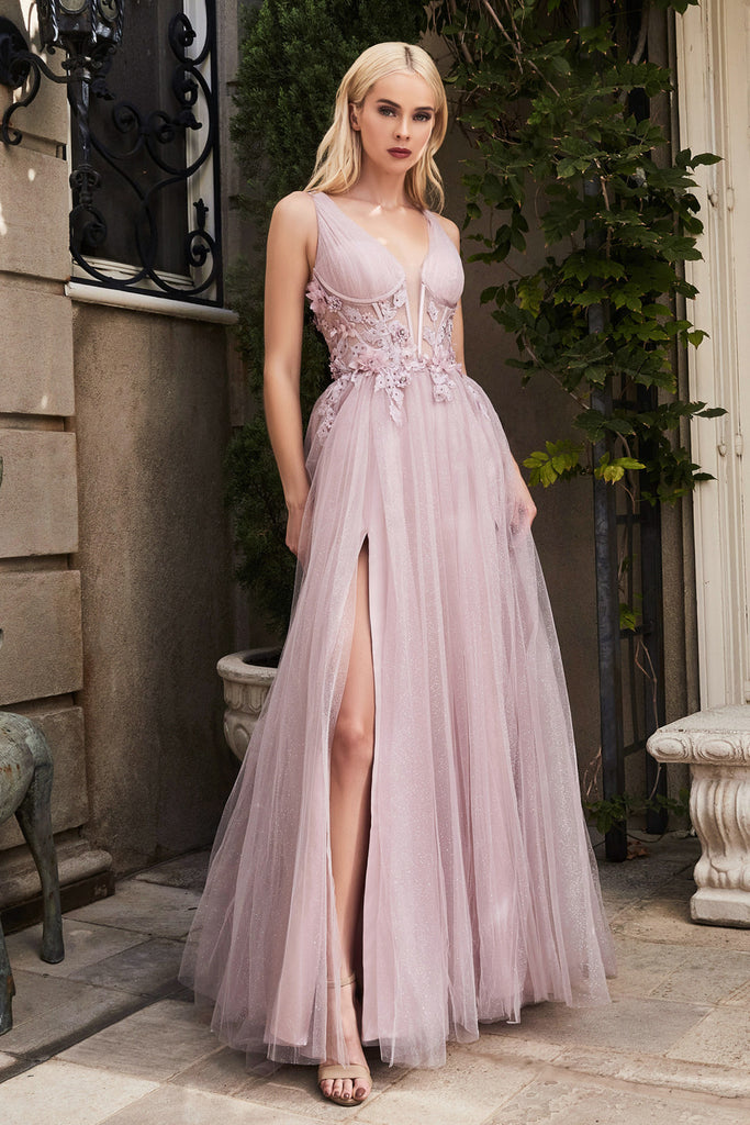 Megara's V-Neck Gown, Tulle Lace Bodice w/ Slit Illusion-smcdress