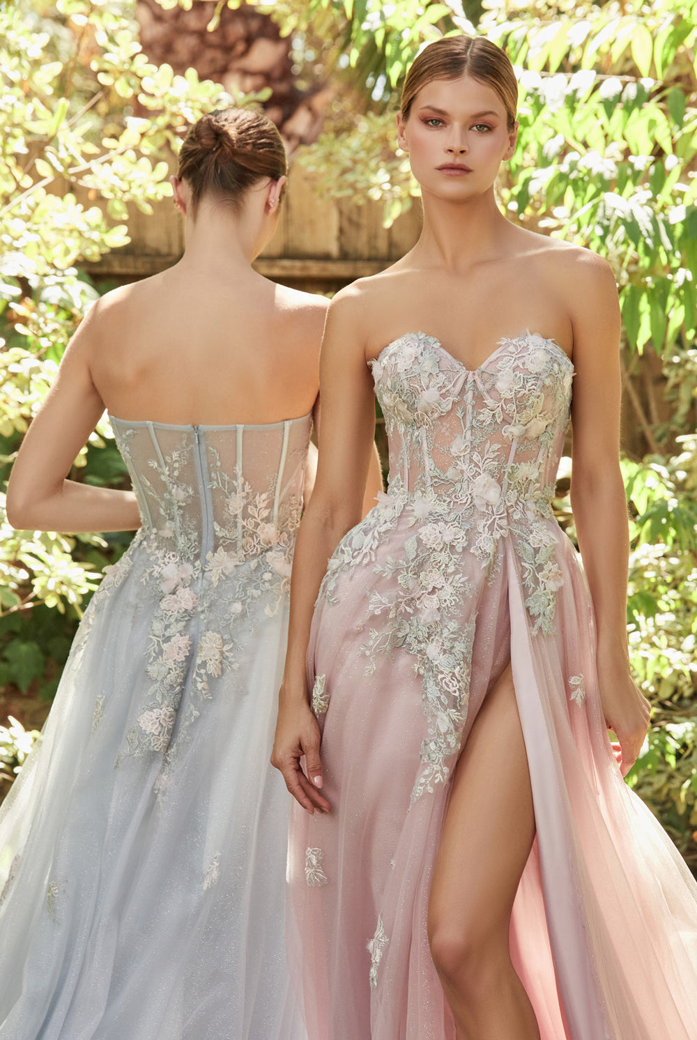 Prom & Bridesmaid Gown w/ Floral Overskirt, Sheer Strapless Bodice & A-Line Formal Dress-smcdress