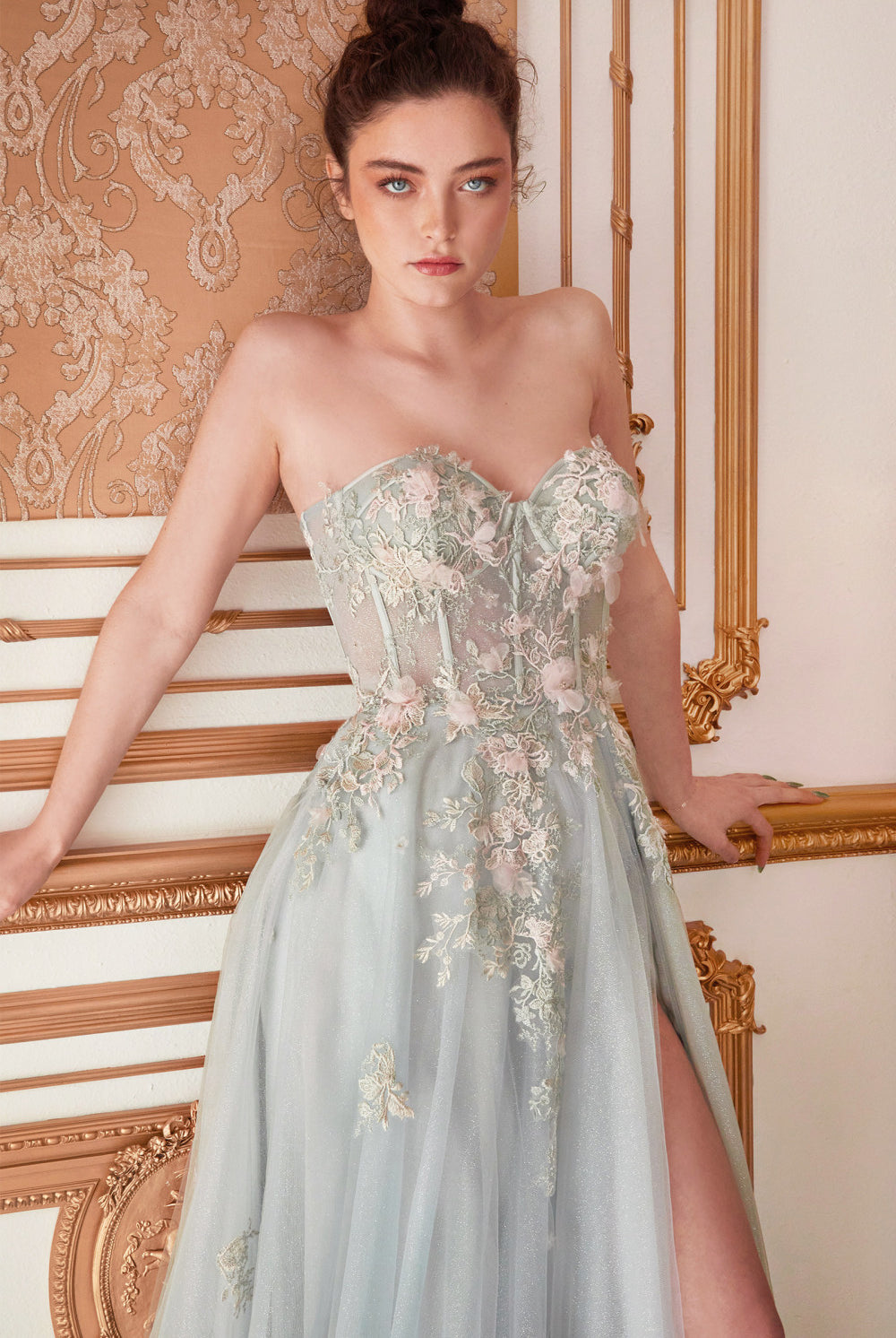 Prom & Bridesmaid Gown w/ Floral Overskirt, Sheer Strapless Bodice & A-Line Formal Dress-smcdress