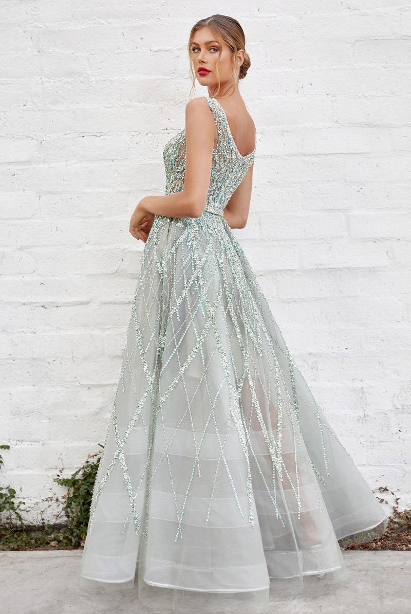 Back of sage jewel beaded gown alternative