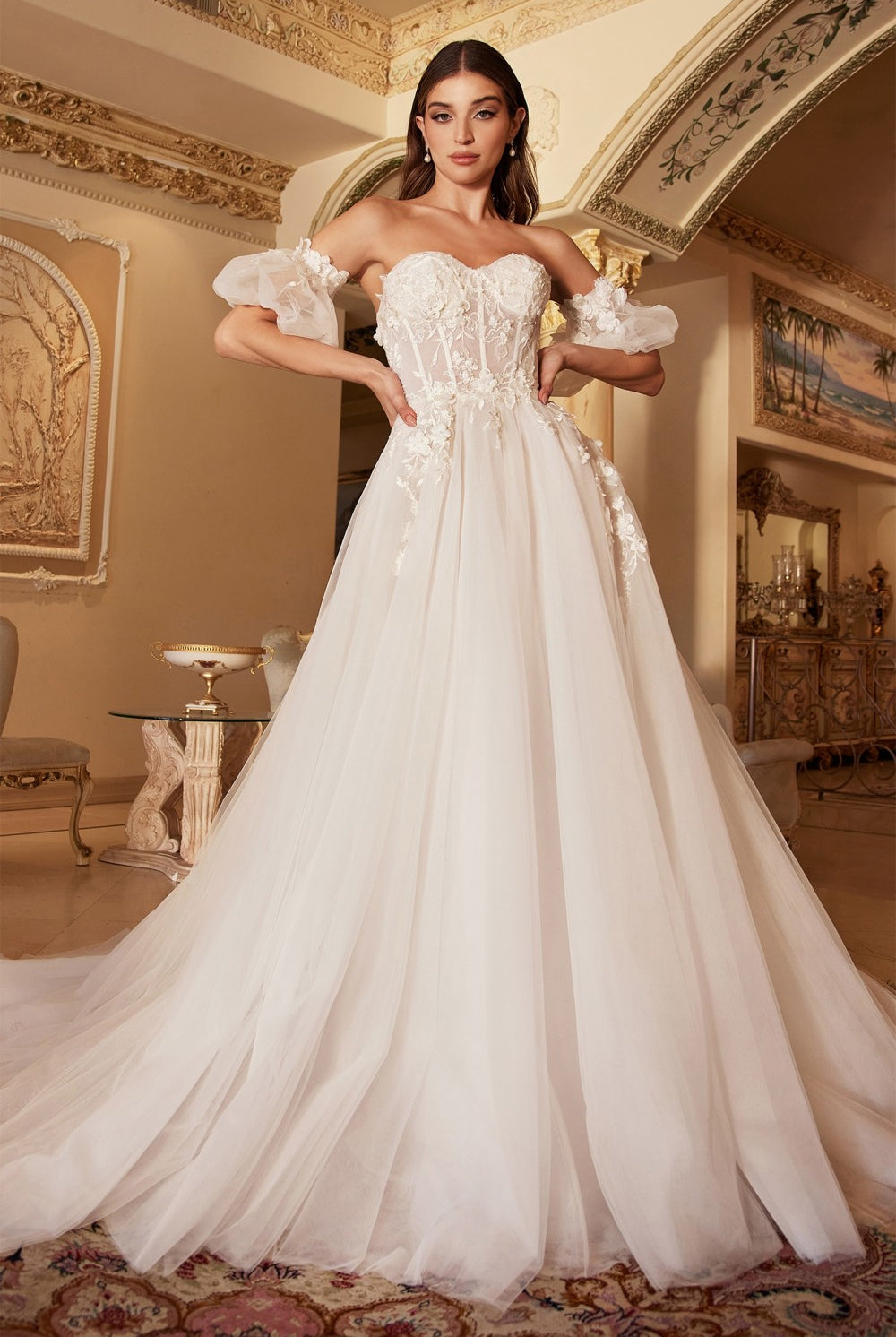 Retro floral gown with sweetheart bodice, puff sleeves, and white bridal look-smcdress